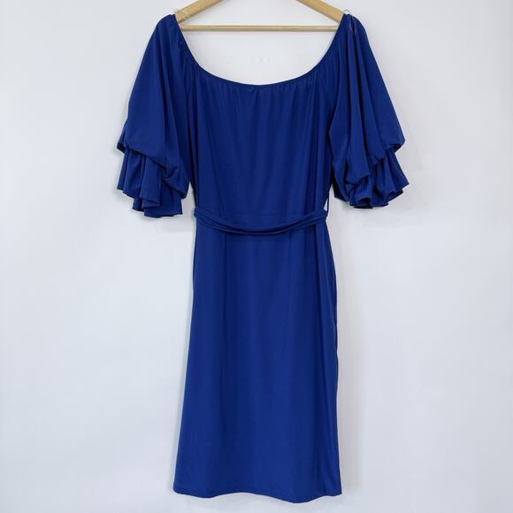 Vtg Royal Blue‎ Sheath Dress Size 2X Layered Bell Sleeves Body Skimming Stretchy - Picture 3 of 11